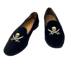 Stubbs & Wootton Hand-Embroidered Skull & Cutlass Black Velvet Loafers Size 9.5